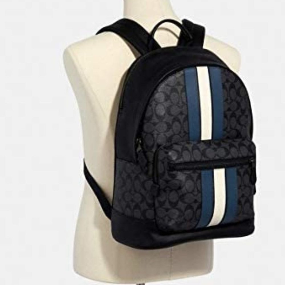 NWT Coach Men's West Signature Denim Chalk Varsity Stripe Coated Canvas Backpack - Picture 2 of 11